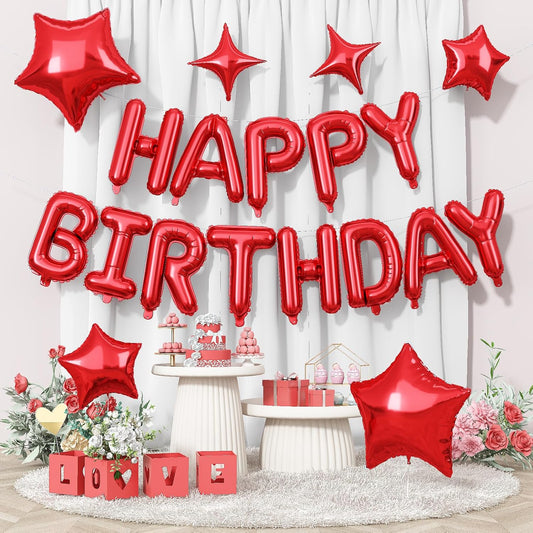 Red Happy Birthday Balloon Banner, 16 Inch Mylar Foil Letter Balloons, Reusable Birthday Decorations with Red Star Foil Balloons, Inflatable Party Supplies for Women Girls Decorations