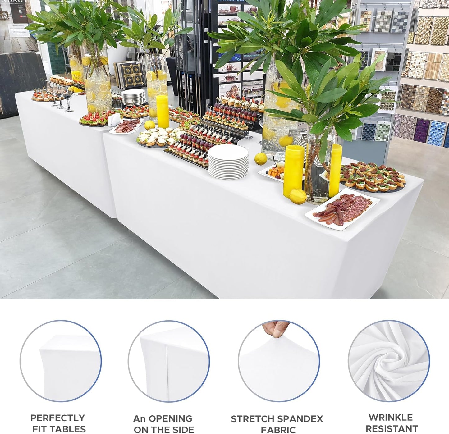 Nasitos Spandex Fitted Table Clothes, 2 Pack - 48 x 24 Inch - White Rectangle Tablecloths for 4 Foot Tables, Fabric Table Cover Protector for Folding Table, Parties, Craft Show, Trade Show