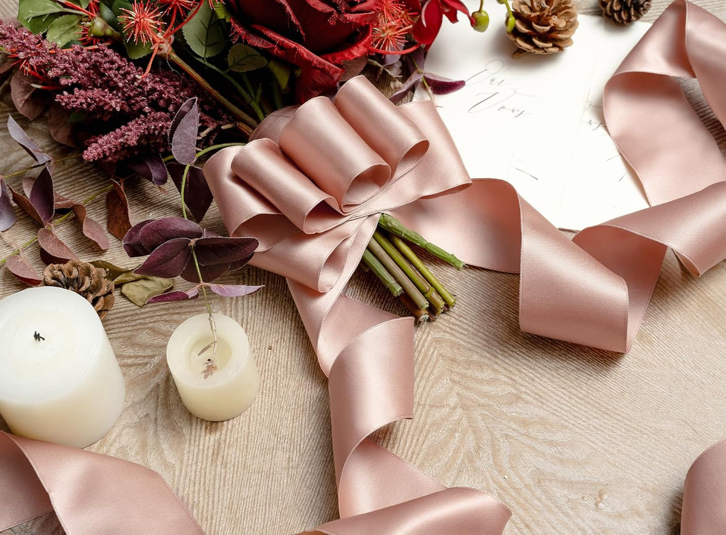 Rose Gold Satin Ribbon Double-Faced Wired Ribbons for Gift Wrapping Flower Bouquet Bows Wedding Invitation Christmas Decor Crafts 2-1/2 Inch 10 Yards