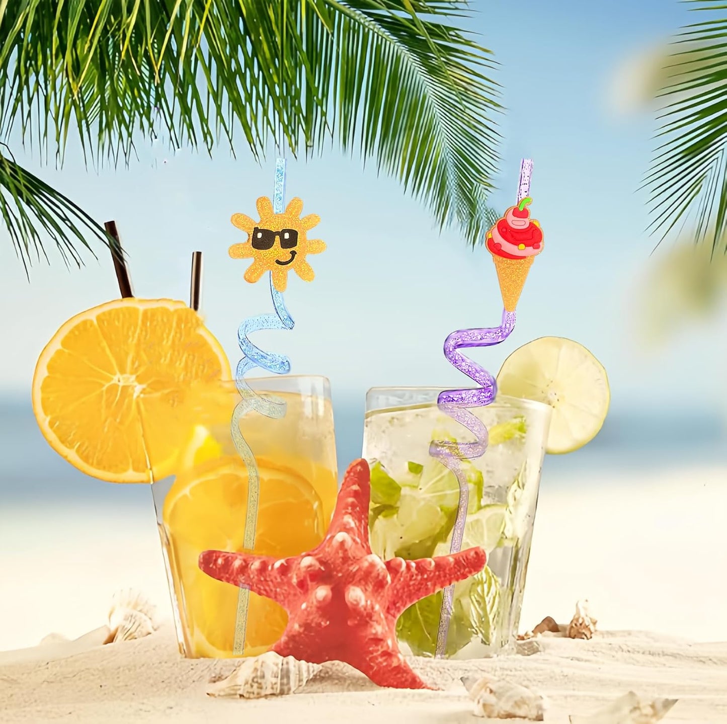 24 Beach Drinking Straws Beach Ball Pool Summer Birthday Party Supplies Decorations Glitter Pool Party Straws With 2 PCS Cleaning Brushes