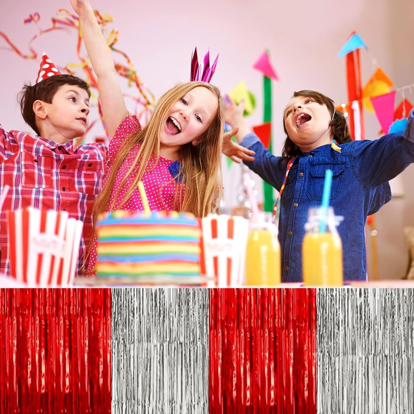 4P Metallic Foil Fringe Tinsel Table Skirts for Rectangle Tables Backdrop Banner Streamer Garland Curtains for Parade Floats Wedding Graduation Anniversary Birthday Parties Decoration(Red Silver)