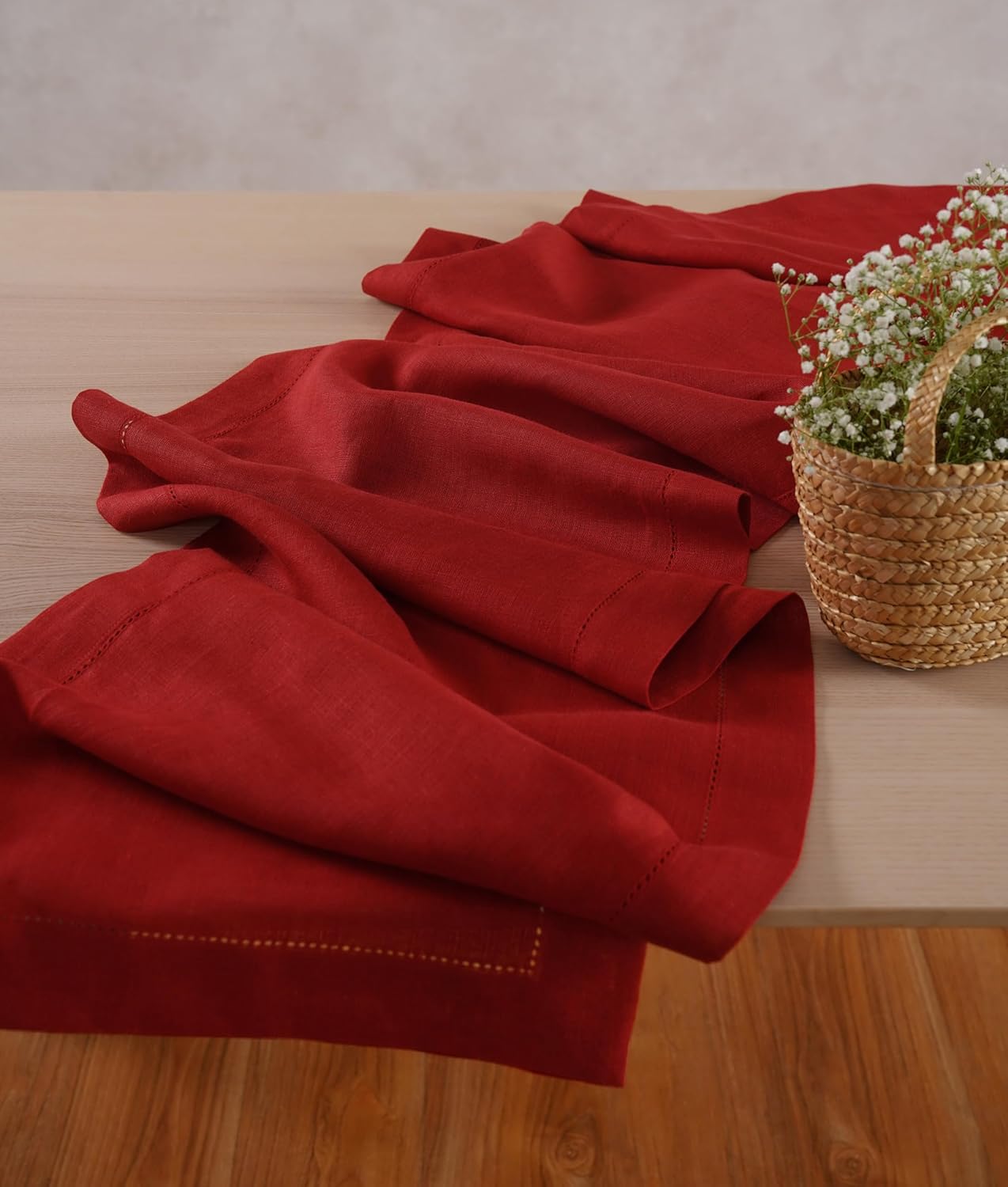 Linen Table Runner 14 x 120 Inch Long - 100% Pure Linen Christmas Red Table Runner - Cloth Fabric Hemstitch Runner for Thanksgiving, Christmas, Winter, New Year - Elara