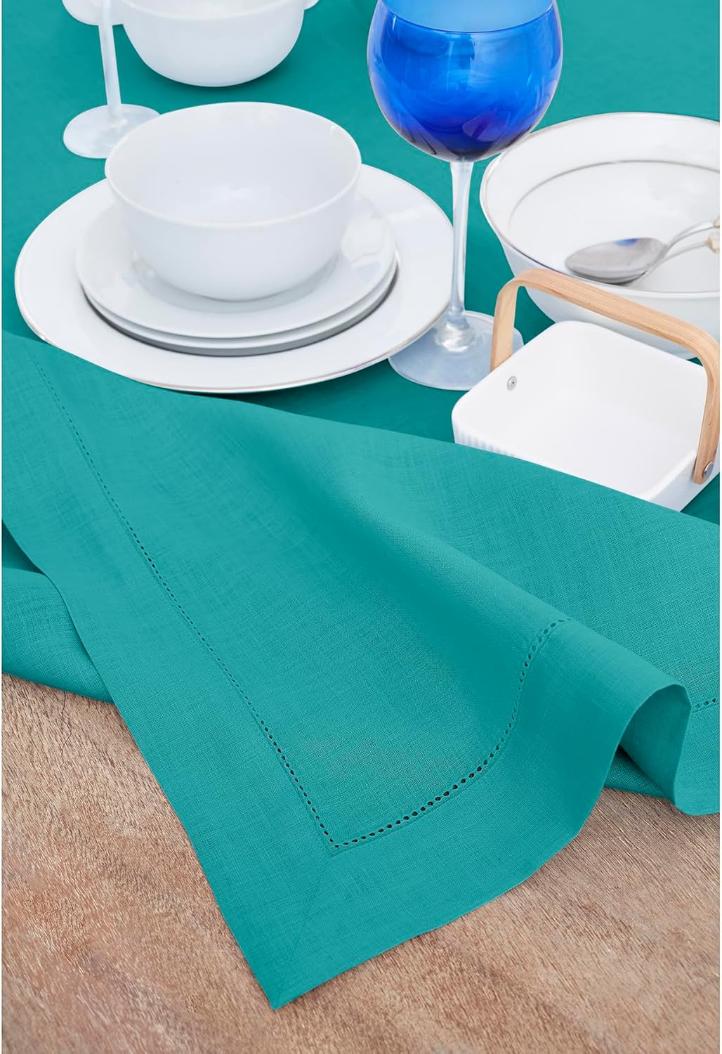Solino Home Linen Tablecloth 60 x 144 Inch - Classic Hemstitch 100% Pure Linen Teal Table Cloth for Rectangle Tables - Machine Washable Tablecloth for Fall, Autumn
