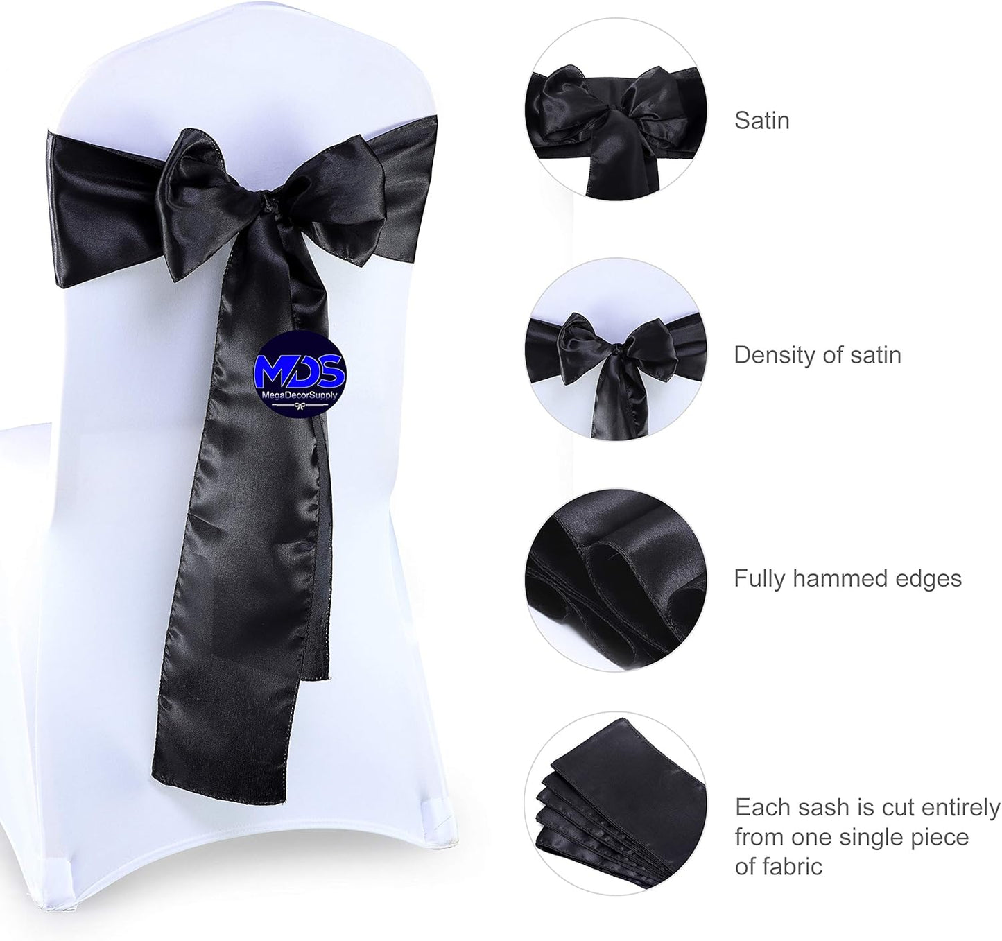MDS Pack of 125 PCS Satin Chair Sashes Charmeuse Sateen Dining Chair Bows Ribbon Ties Back Sash for Wedding Party Birthday Home Hotel Restaurant Banquet Decoration (7 x 108 Inch, Black)