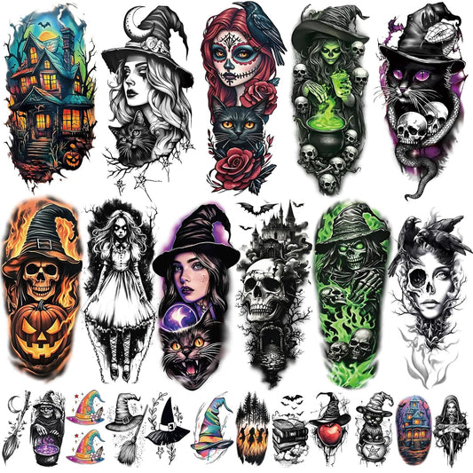 77 Sheets Witch Temporary Tattoos Women Men Adults, Skeleton Death Skull Pointed Black Hats Brooms Cauldrons Black Cats Half Arm Halloween Fake Tattoo, Bat Scary Tattoos for Halloween Costume