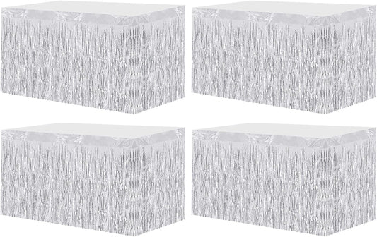 4 Pack 29.5x108 Inch Metallic Foil Fringe Tinsel Table Skirts, Streamer Garland Curtains Backdrop for Rectangle Tables Wedding Birthday Parade Floats Christmas Party Decoration(Silver)