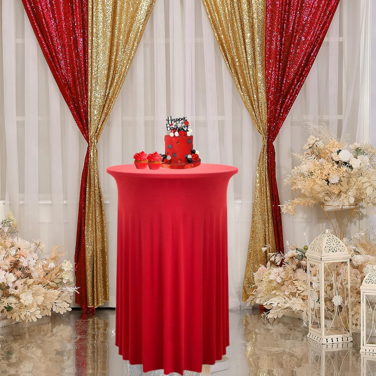 Albassa 4 Pack Cocktail Table Covers 32"x 43" Spandex Stretch Round Cocktail Tablecloths with Wavy Drapes Fitted High Top Bar Table Skirt for Wedding Party Banquet (Red, 4 PCS)