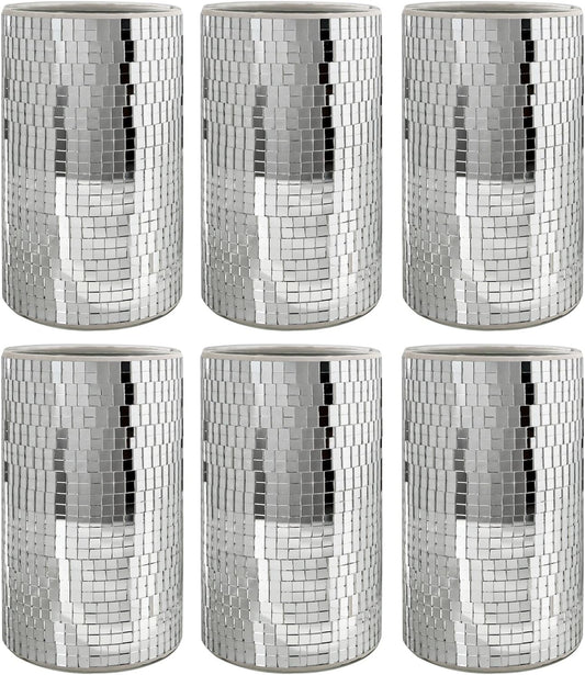 WDHODEC 6 Pcs Disco Vases Bulk Silver Mirror Disco Ball Flower Vase Glass Candle Holder for Wedding Table Centerpieces Decoration 6"