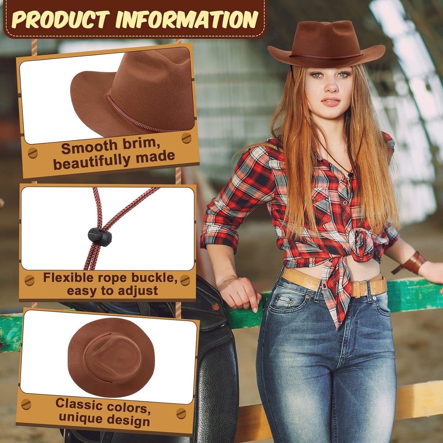 Mepase 24 Pieces Disposable Plastic Western Cowboy Hat Set Felt Wide Brimmed Cowgirl Hats for Men Women Costume Party(Brown)