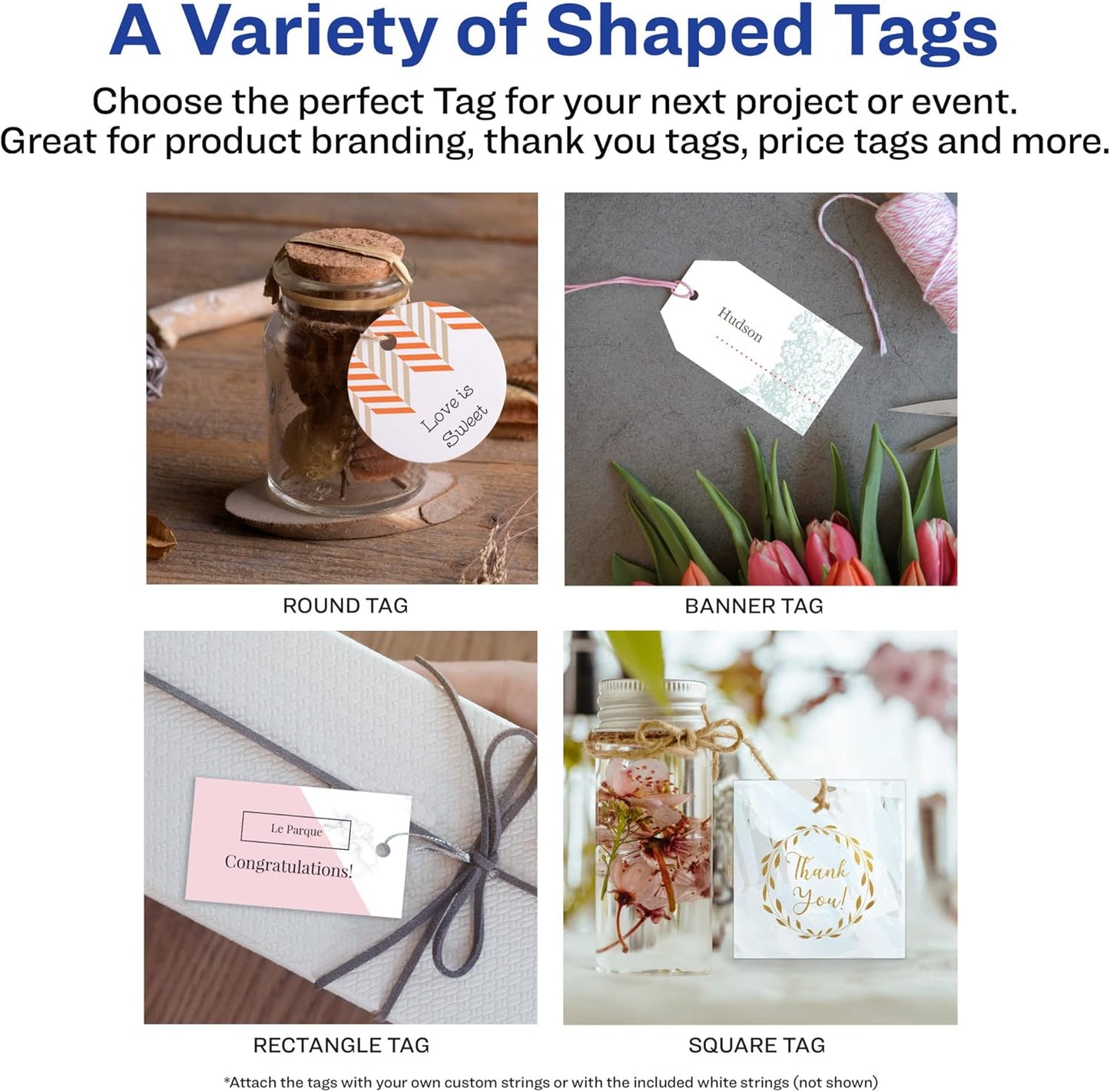 Avery Rectangle Tags, Sure Feed Technology, 2" x 3.5", Matte White, Strings Included, 80 Total, Print-to-The-Edge, Laser/Inkjet Printable (80514)