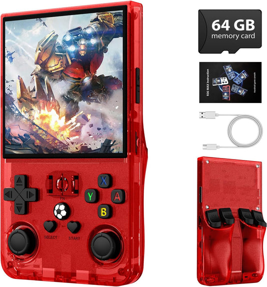 R36MAX Retro Handheld Game Console,64GB Open Source System Support 30+ Emulator Console,4.0 Inch IPS Screen Retro Gaming Console,4000mAh Battery,Portable Video Game Console for Christmas (Red)
