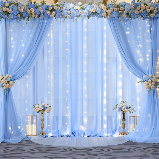 10x10ft Light Blue Chiffon Backdrop Curtain with Lights for Baby Shower Birthday Party, Sky Blue Curtain Backdrop with Lights for Wedding Parties Photo Shoot (5 x 10ft,2 Panels)