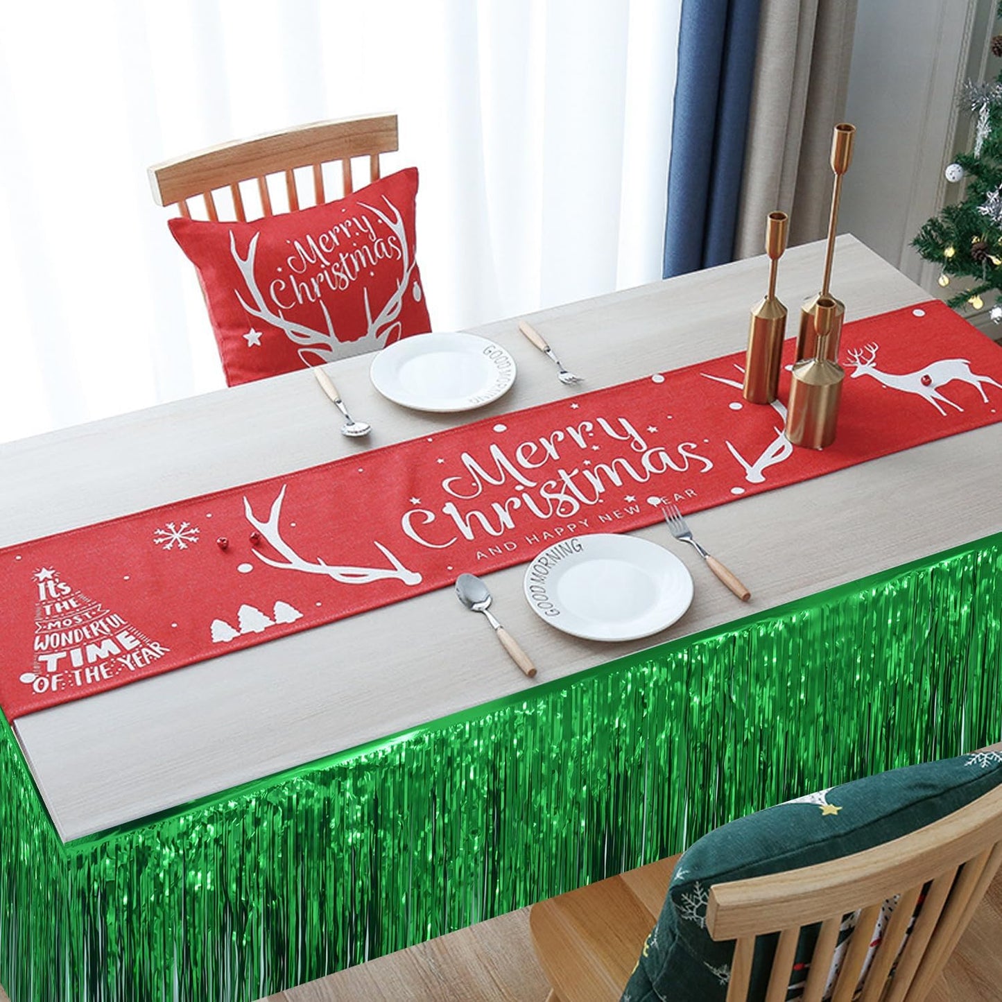 Green Christmas Decorations Tinsel Garland Parade Float Decorations for Trailer 4Pack 12FT Christmas Party Decor Ceiling Fringe Banner Green Backdrop for Streamers Party Decorations