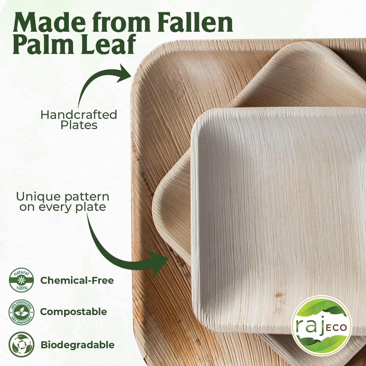 Raj Palm Leaf Plates [50-Pack] 10"x25 7"x25 Square Plates like Bamboo plates Disposable, Decorative Compostable Tableware for wedding, Lunch, Dinner, Birthday, Camping, Outdoor BBQ, Picnic
