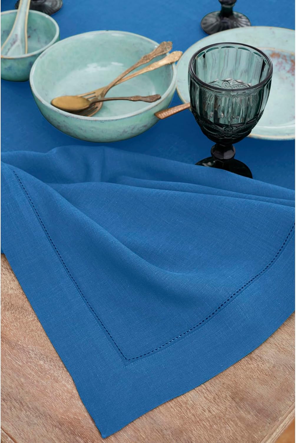 Solino Home Linen Tablecloth 60 x 120 Inch - Classic Hemstitch 100% Pure Linen Indigo Blue Table Cloth for Rectangle Tables - Machine Washable Tablecloth for Fall, Autumn