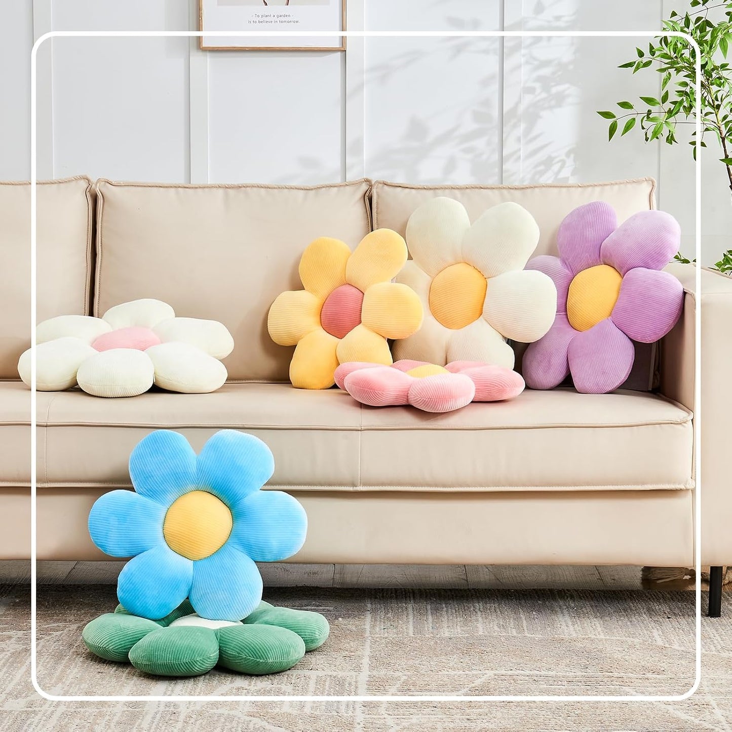 White Yellow Flower Pillow, 14.9" Cute Flower Shaped Floor Pillow, Aesthetic Floral Plush Daisy Decorative Throw Pillows for Bed Sofa Couch