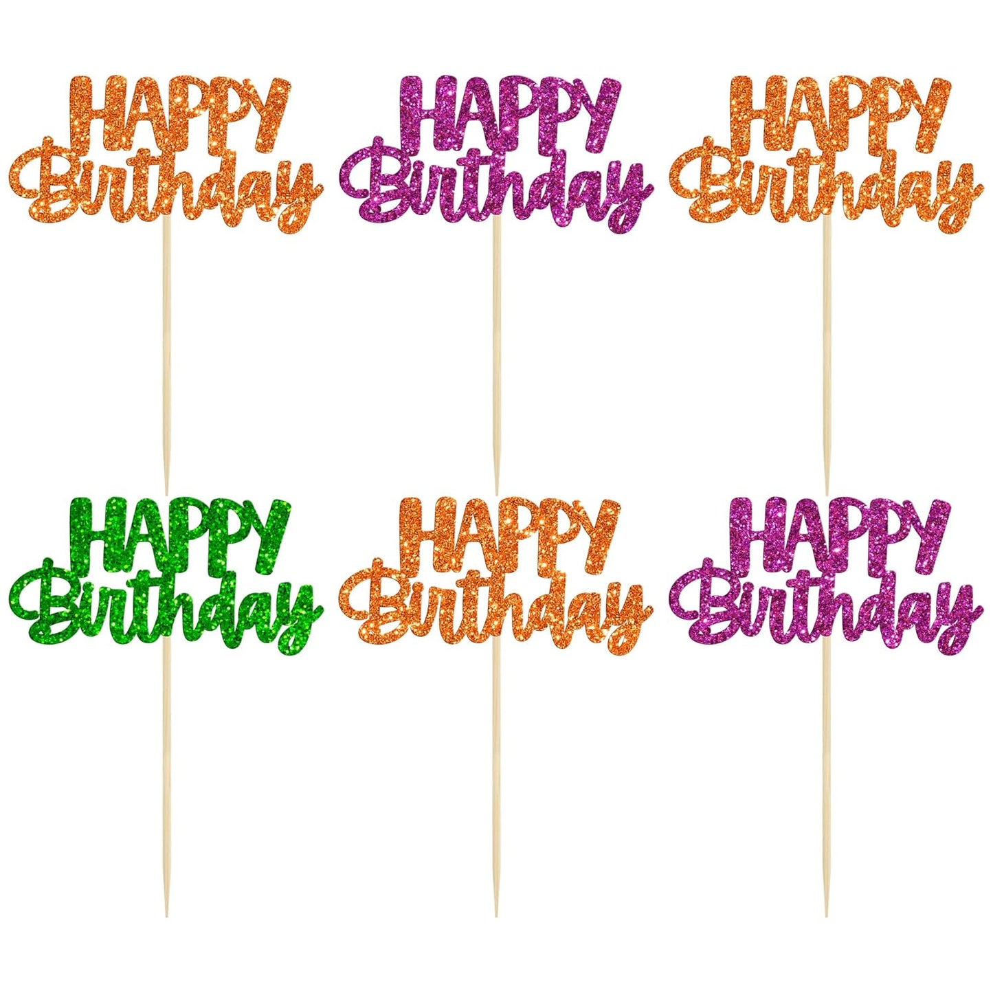 Gyufise 24Pcs Happy Birthday Cupcake Toppers Glitter Birthday Cupcake Food Picks for Celebrating Happy Halloween Theme Party Cake Decorations Supplies Orange Green Purple