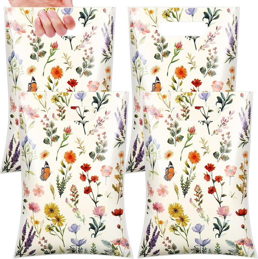 100 Pcs Wildfloral Gift Bags Vintage Wildflower Party Favor Bag with Handle Wildfloral Plastic Goodie Candy Treat Gift Wrapping for Summer Baby Shower Birthday Wedding Party Supplies (White)