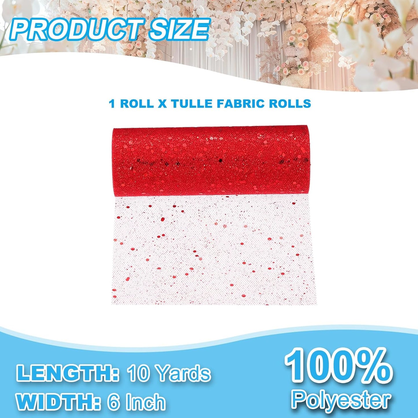 PATIKIL Tulle Fabric Rolls, 6 Inch by 10 Yards Fabric Spool Tulle Sparkling Ribbon Netting Sequin for DIY Tutu Skirts Crafts Wedding Party Decorations, Red