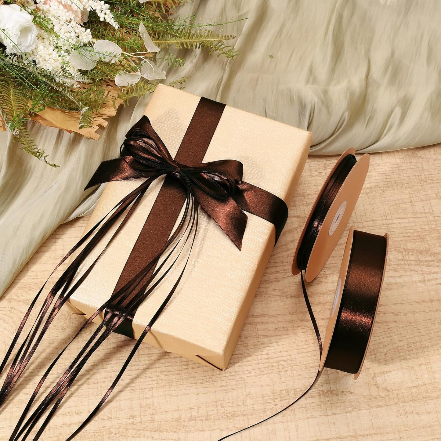 LaRibbons Brown Ribbon 1 Inch 25 Yards Luxury Double Faced Friar Brown Silk Ribbon for Flower Bouquet Crafts Gift Wrapping Wedding Party Decoration