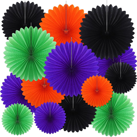 MotiMind 24 Pcs Halloween Paper Fans Party Decorations Black Orange Purple Green Hanging Honeycomb Ceiling Wall Decor Background Decoration for Birthday Wedding Baby Bridal Shower Engagement
