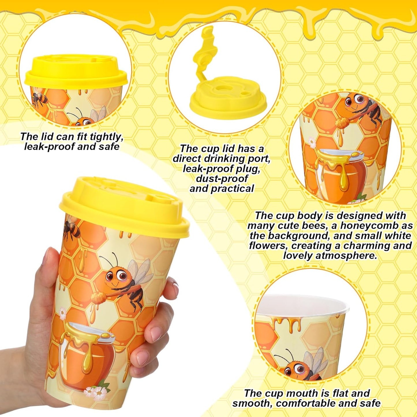 Yungyan 16 Sets Honey Bee Party Favors Goodie Cups with Lids and Straws for Birthday Decorations Reusable 16oz Plastic Candy Cups Plastic Straws for Birthday Party(Bee)