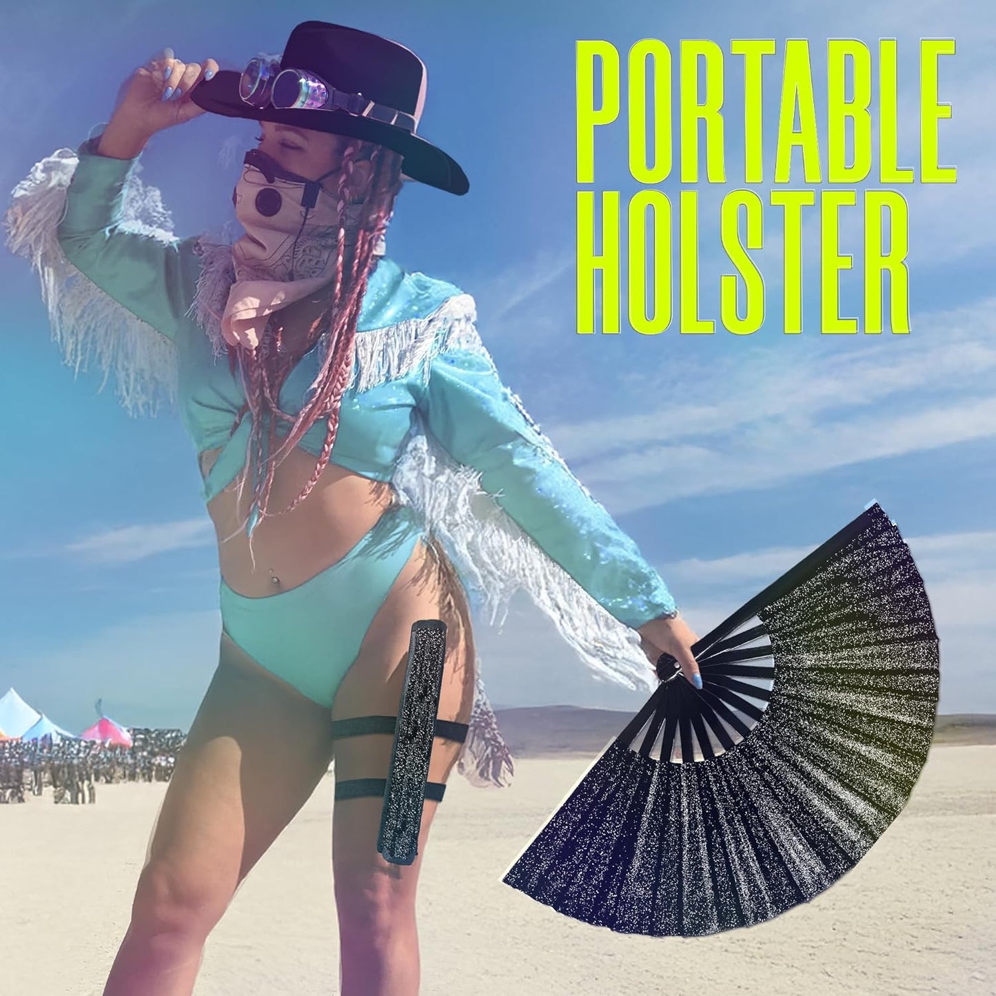 Black Glitter Folding Fan with Holster – Large Handheld Folding Fan with Loud Snap for Festival, Line Dancing, Drag, and Performance – Includes Matching Glitter Belt Holster