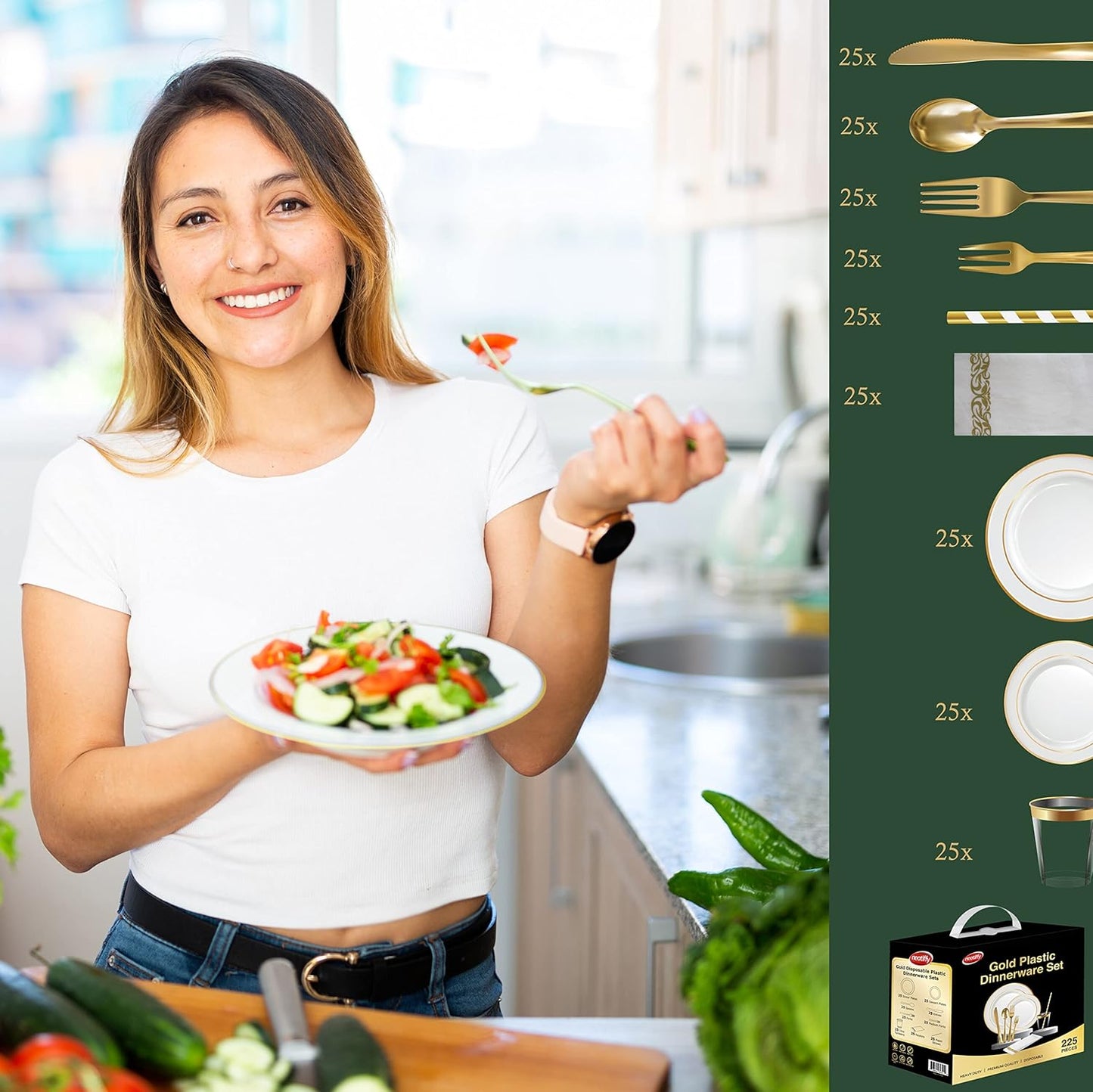 Neatiffy 225 Pcs Gold Rim Plastic Dinnerware Set (25 Guest) | 25 x (Dinner Plate, Dessert Plate, Gold Plastic Silverware, Cup, Napkin, Straw) | For Wedding, Luxurious Party, Special Event