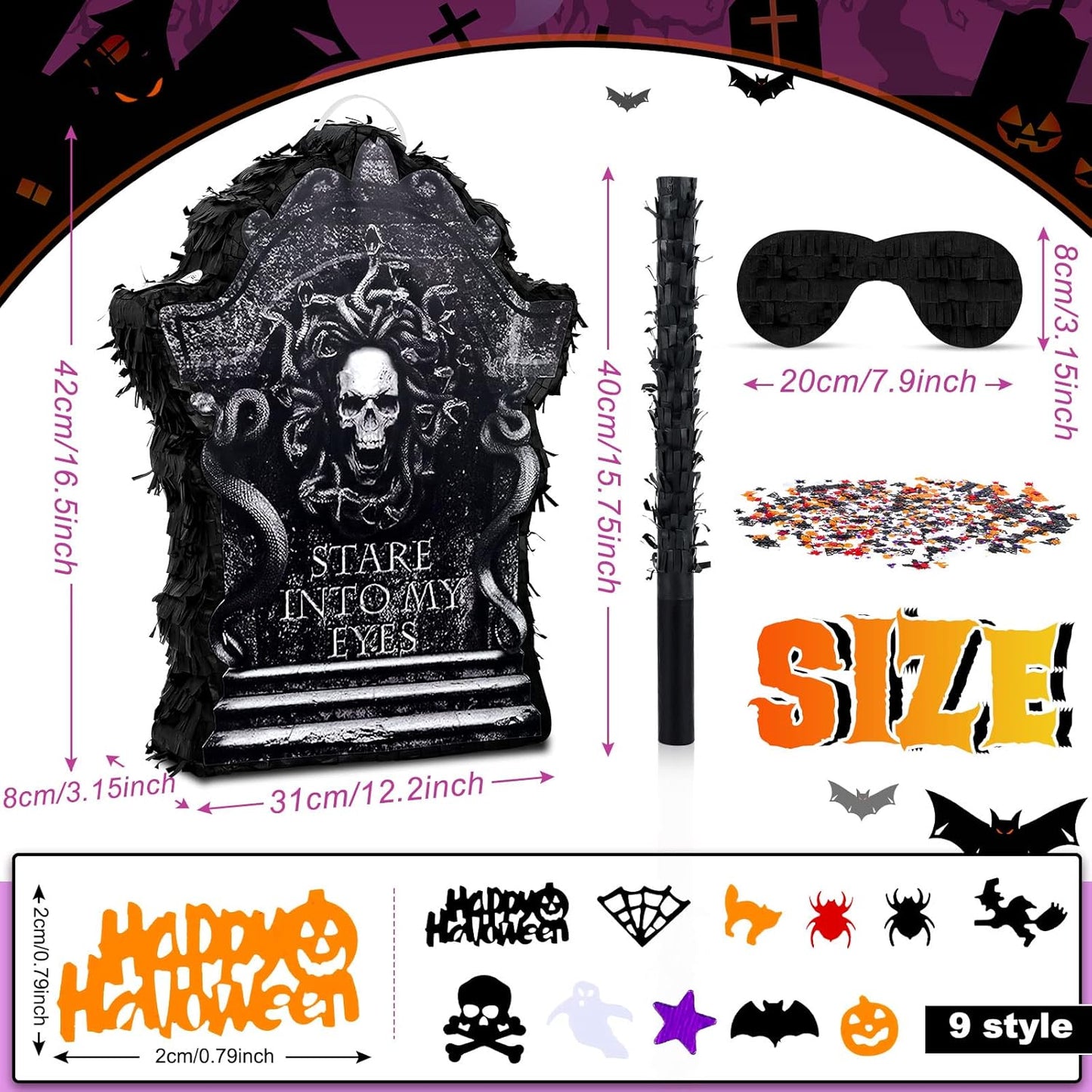 Halloween Tombstone Piñata Halloween Confetti Spooky Ghost Piñata with Stick Paper Eye Mask for Party Birthday Parties Events Themed Fillable for Candy Treat (Tombstone)