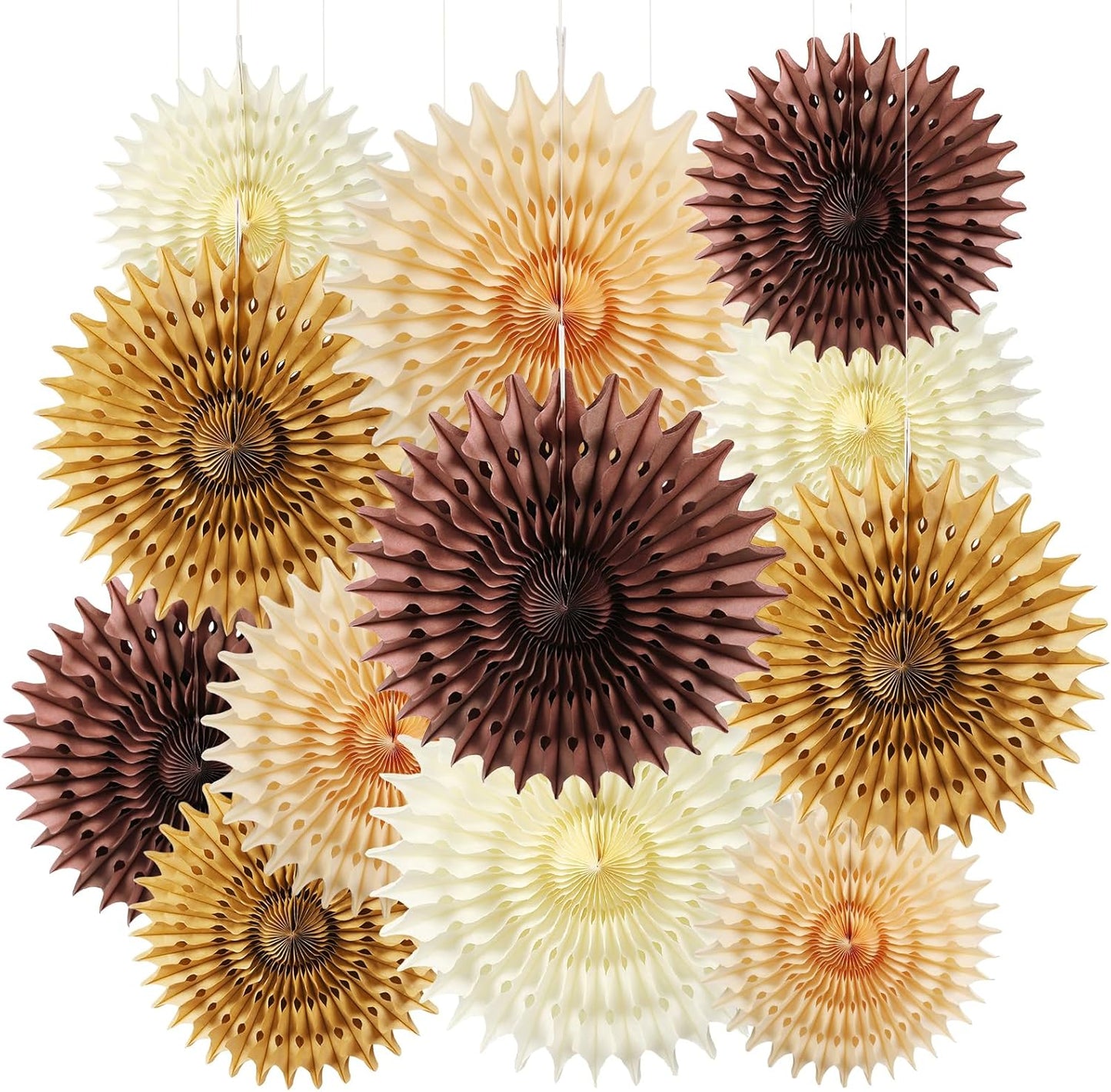 12PCS Paper Fans Brown Neutral Boho Party Decorations Tissue Paper Flowers Decorations for Girl Groovy Birthday Baby Shower Wedding Bachelorette Room Wall Hanging Décor