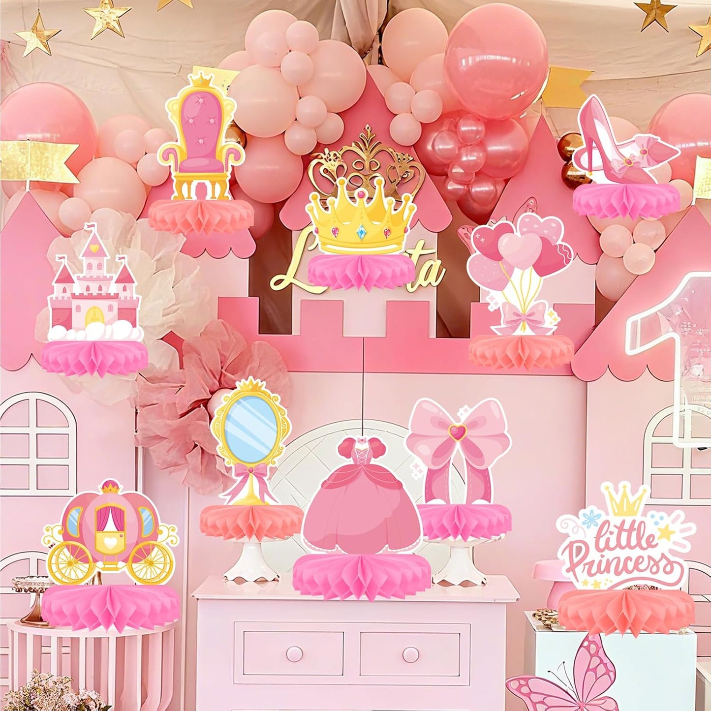 Princess Birthday Party Supplies Kit - Princess Themed Honeycomb Centerpiece ，Table Decorations for Kids' Princess Themed Birthday Party Decorations