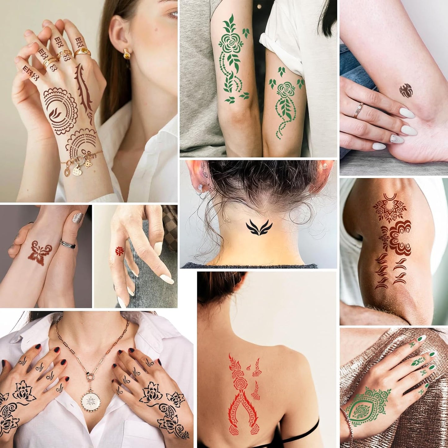 Temporary Tattoos Stencils Kit,Temporary Tattoos Kit - 8 Pcs 4 Color(Brown,Black,Cherry red,Green), Ink with Gloves,DIY Body Art Painting for Women Men Adults Kids
