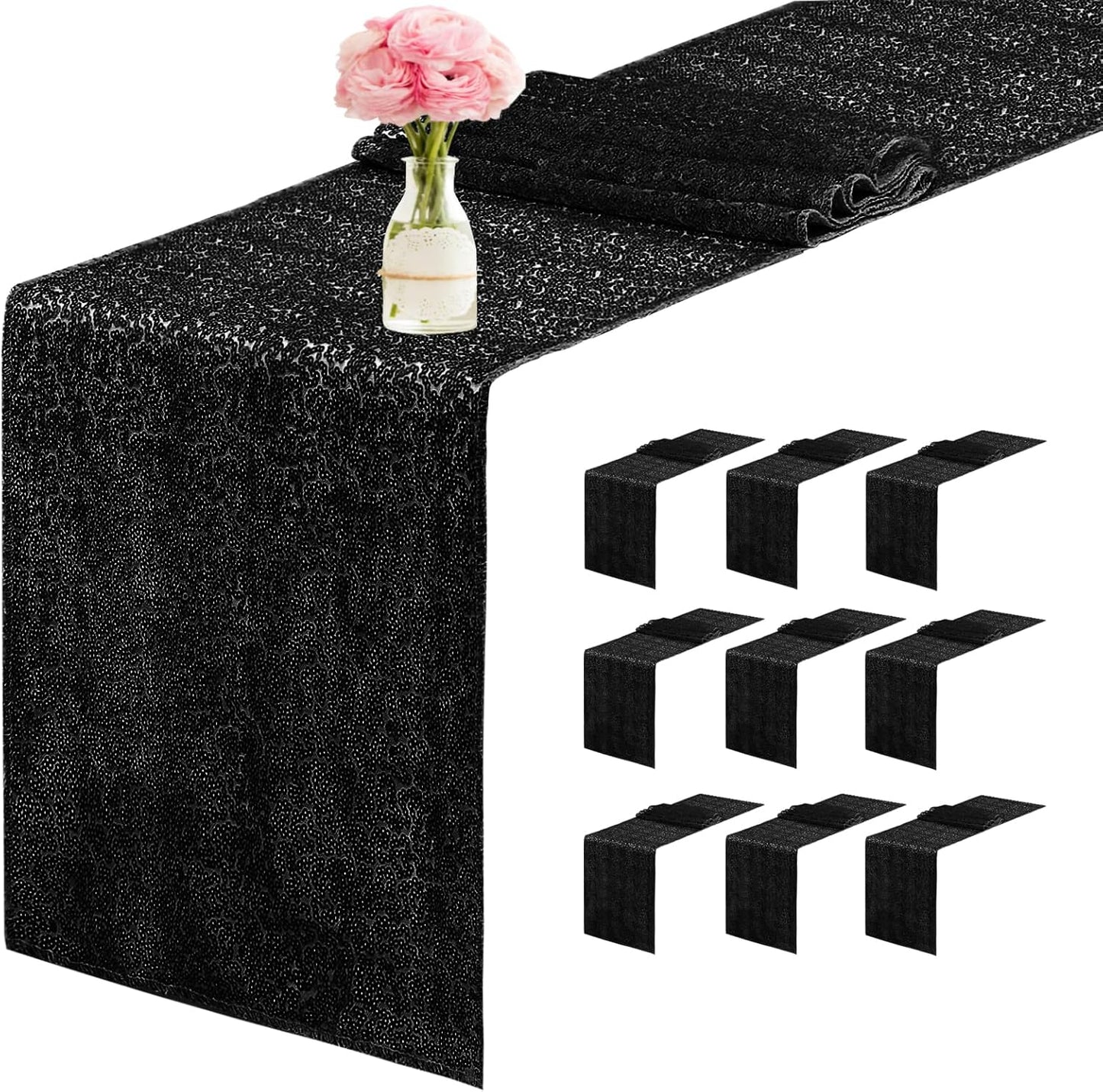 10 Packs 12 x 72 inches Sequin Table Runner, Black Glitter Table Runner for Birthday Party Supplies Wedding Engagement Baby Shower Holiday Celebration Event Decorations