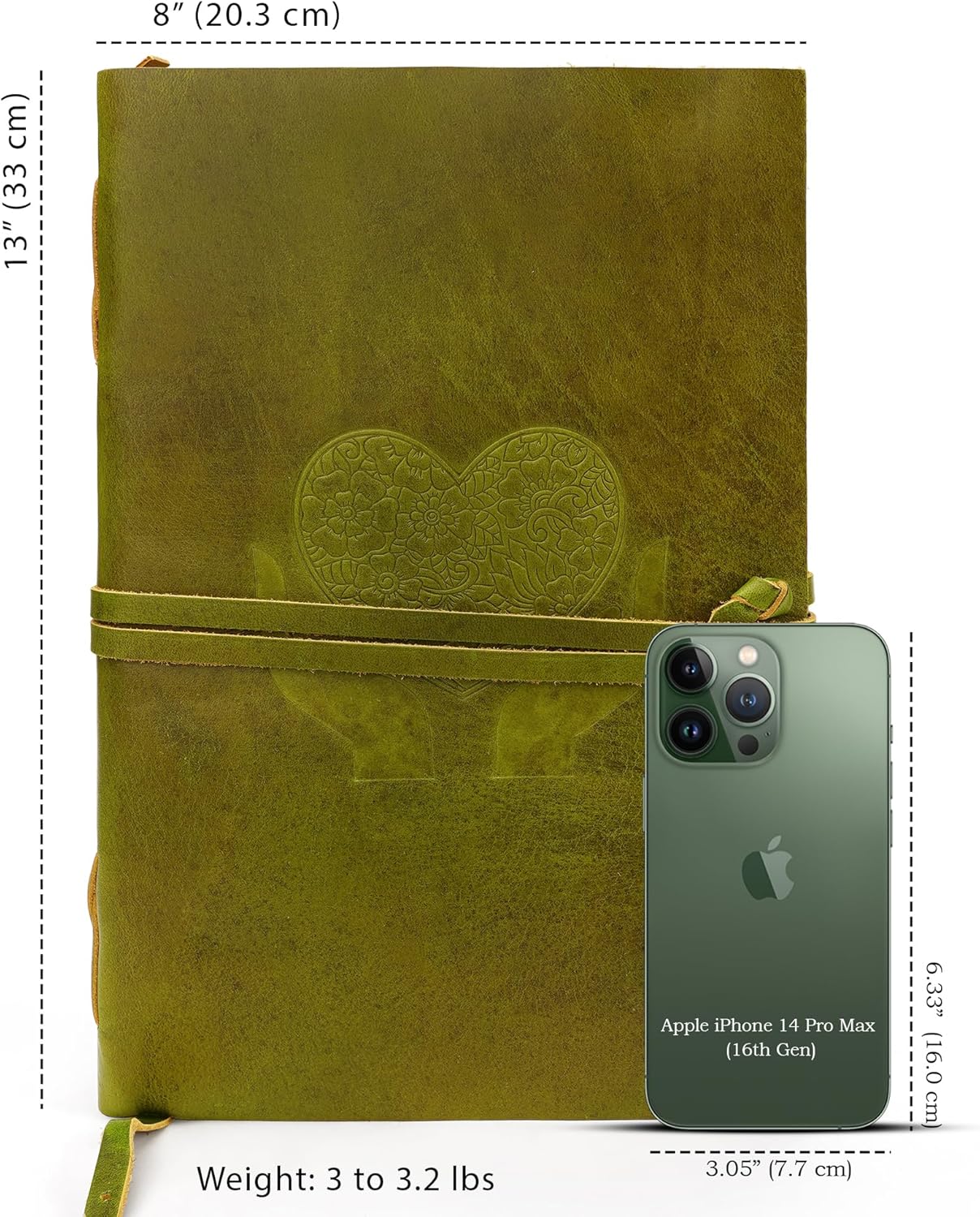 LUXEORIA Heart Journal for Women and Men, Handcrafted Leather Journal for Writing Womens, Sketchbook, Travel Diary with Unlined Deckle Paper, Mint Green 8x13