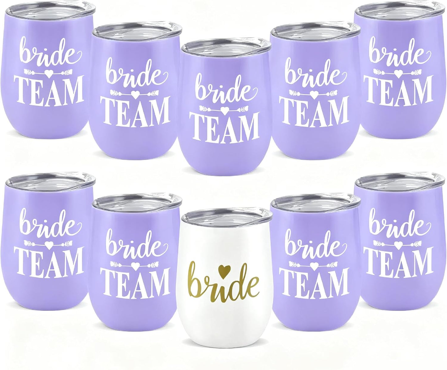 Bride Squad Bachelorette Party Cups 10 Pcs Team Bride Cups Bridesmaid Gifts Tumblers 12 Oz Insulated Cups with Lid and Straw(Lavender)
