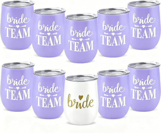 Bride Squad Bachelorette Party Cups 10 Pcs Team Bride Cups Bridesmaid Gifts Tumblers 12 Oz Insulated Cups with Lid and Straw(Lavender)