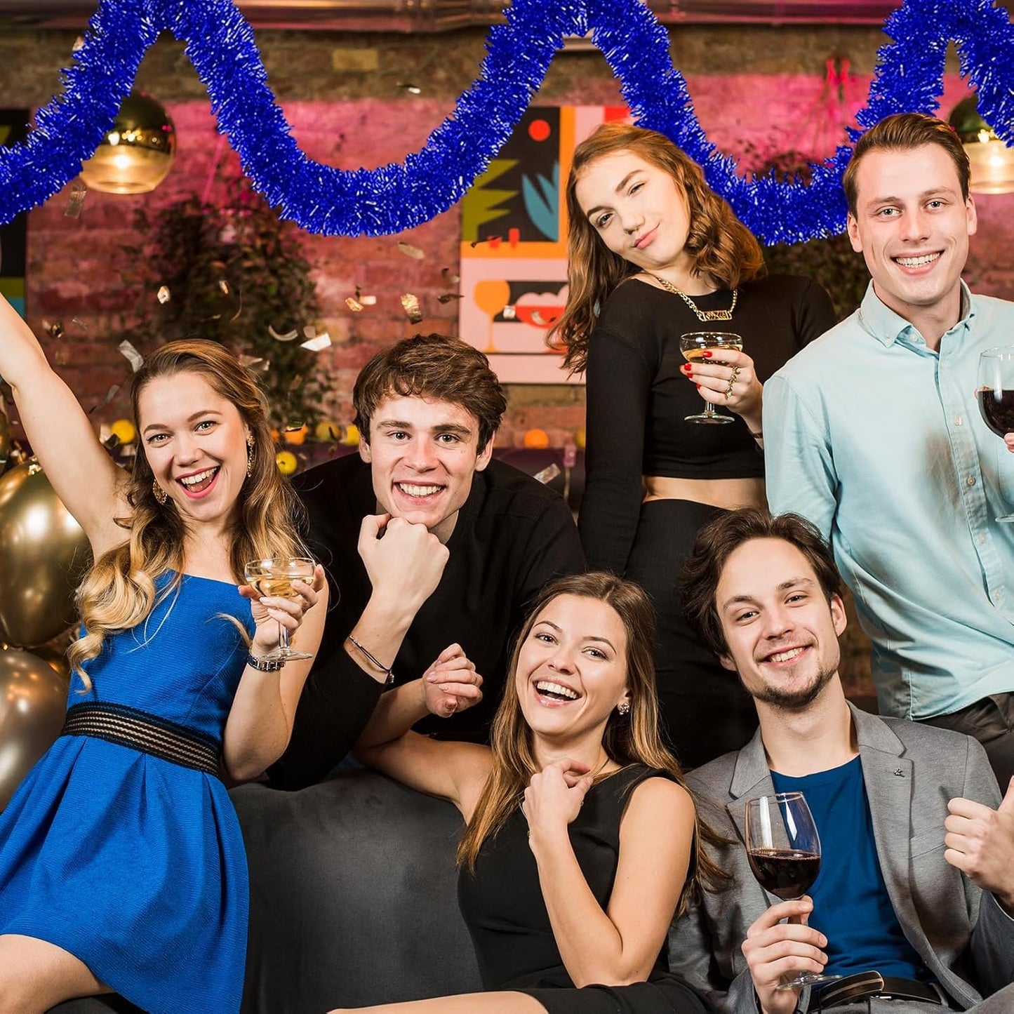 50 Feet Blue Christmas Tinsel Garland, Metallic Foil Twist Banner Wall Hanging Tinsel Streamers Backdrop for Parade Floats, Christmas, Mother's Day, Birthday Party Decorations(2in x 50ft)