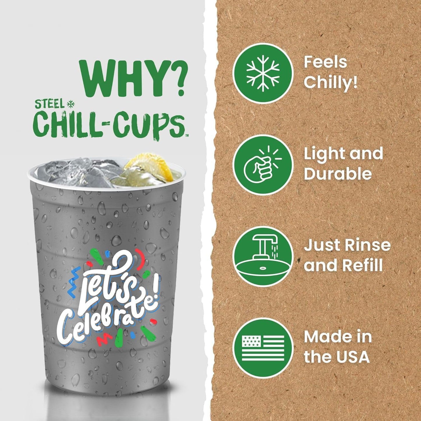 16 oz. Party Cups 'Let's Celebrate Let's Party' Design for Cold Drinks, Durable, Disposable, Recyclable, Made in USA, Gray, 12 Count