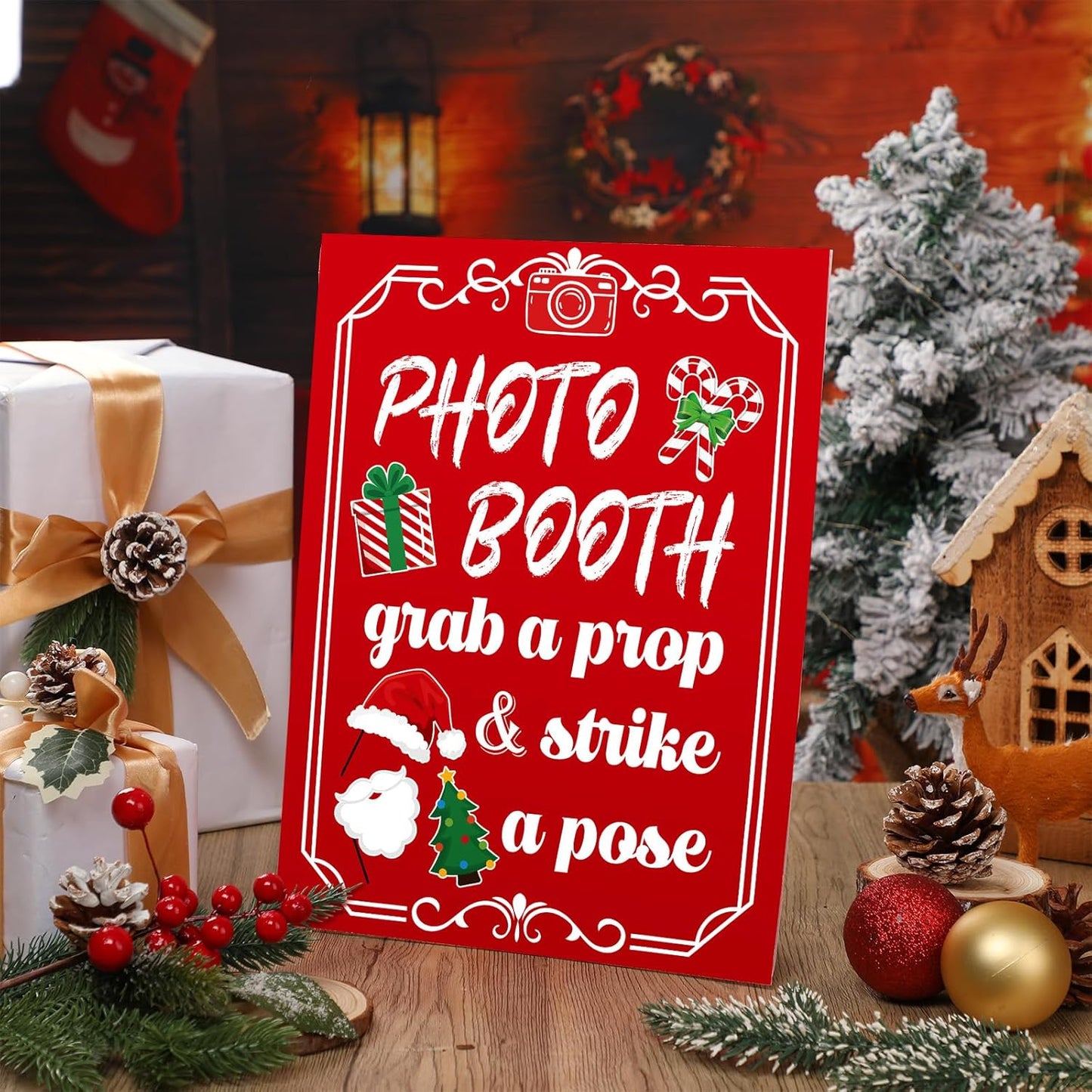 Photo Booth Sign with Stand Retro Background Table for Christmas Indoor and Outdoor Party Theme Event Photography Props Desktop Decoration Supplies
