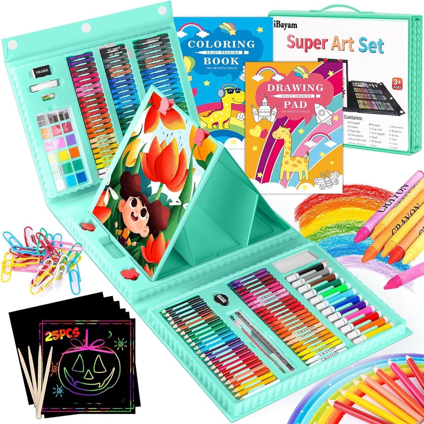 Back to School Supplies for Kids Teen Girls Boys, Art Set Case with Trifold Easel, Scratch Paper, Sketch Pad, Coloring Book, Crayons, Pencils, Oil Pastels, Watercolors, Sharpener