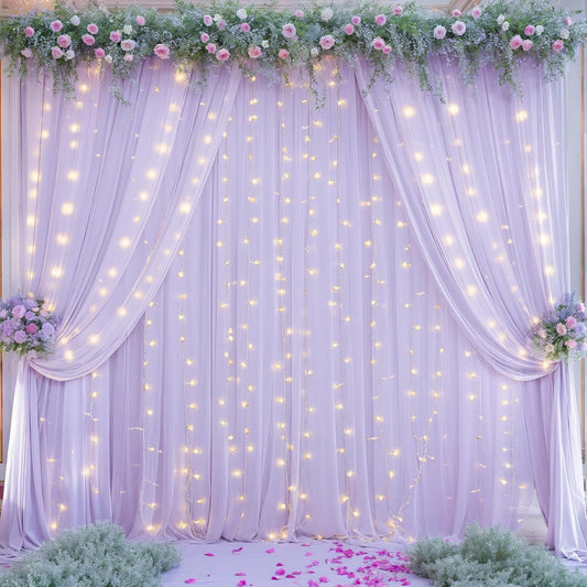 10ft x 10ft Lavender Chiffon Backdrop Curtain with Lights String for Parites Wedding Wrinkle Free Curtain Photo Backdrops Drapes for Baby Shower Birthday Party Home Decorations