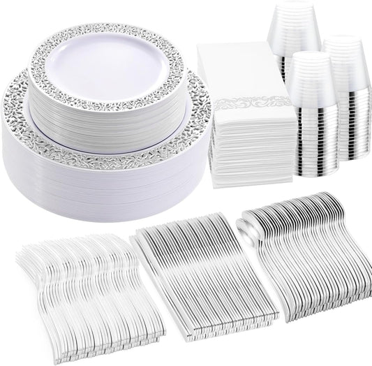 WELLIFE 350pcs Silver Party Dinnerware Set for 50 Guests, Silver Wedding Plates Disposable Heavy Duty, Including :50 Dinner Plates, 50 Dessert Plates, 50 Cups, 50 Napkins, 50 Sliver Silverware Set