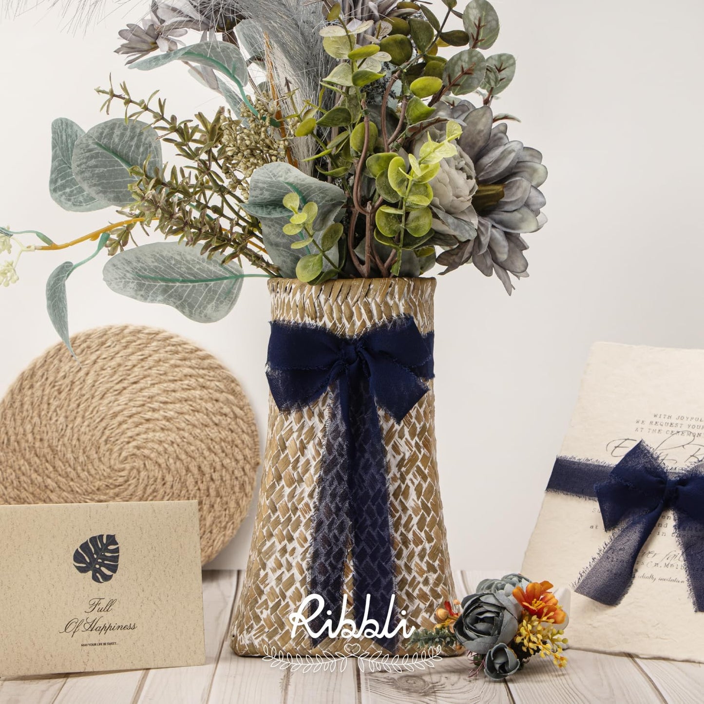 Ribbli Navy Ribbon 1 Inch x 3 Rolls Total 24 Yards Handmade Fringe Chiffon Silk Ribbon for Wrapping Wedding Invitations Bridal Bouquets DIY Crafts Home Decor