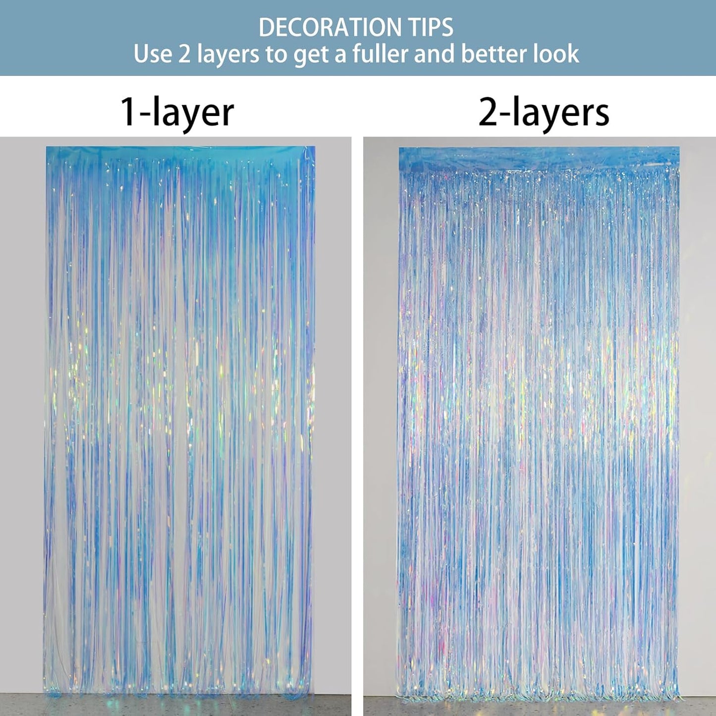 Melsan Iridescent Foil Fringe Backdrops Party Decorations - 2 Pack 3.2 x 6.5 ft Metallic Tinsel Photo Backdrop Curtains for Mermaid Unicorn Birthdays Parties - Iridescent 2 Packs