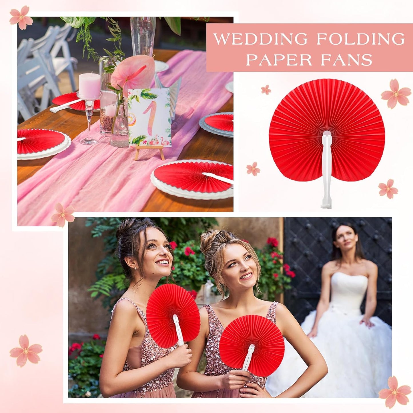 Handepo 200 Pieces Wedding Fans Folding Paper Fans Paper Fans Round Shaped Folding Fans Handheld Fan with Plastic Handle for Wedding Celebration Birthday Party Favor (Red)