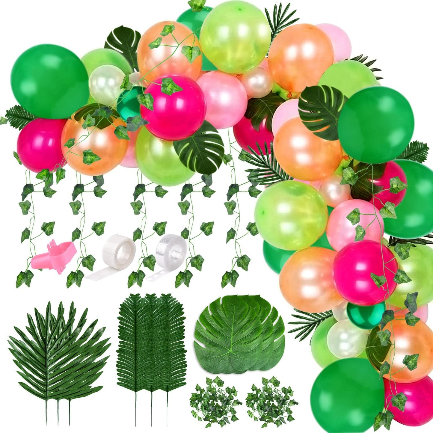 FEPITO 124Pcs Tropical Balloons Garland Kit - Pink Green Balloon Arch With Palm Leaves, Tape Strip, Dot Glue and Tying Tool for Party Decor, Birthday Supplies