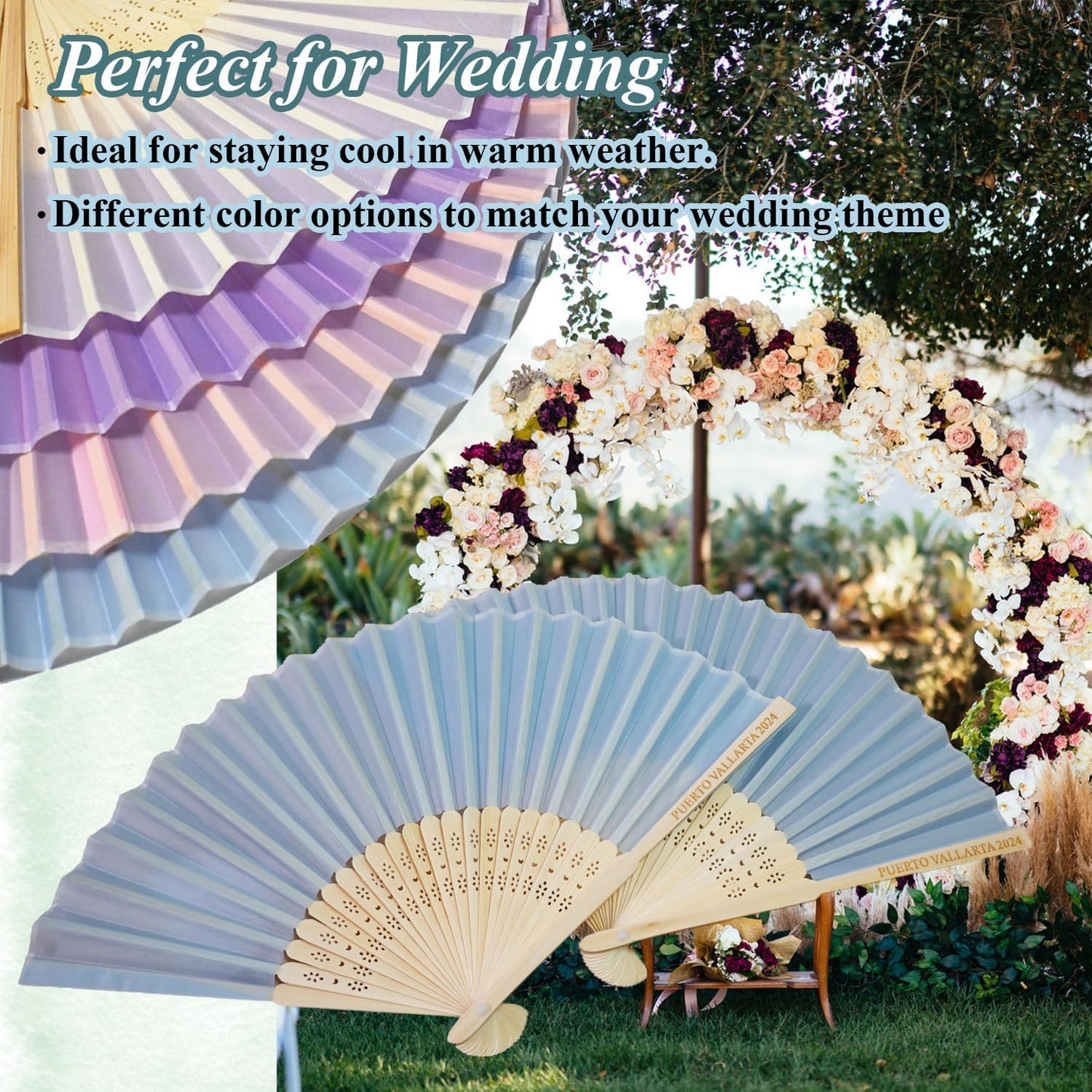 20 Pcs Personalized Light Blue Folding Hand Fans, Summer Wedding Fans, Personal Handheld Folding Fans Wedding Favors, Custom Imitated Silk-Bamboo Fans for Guests