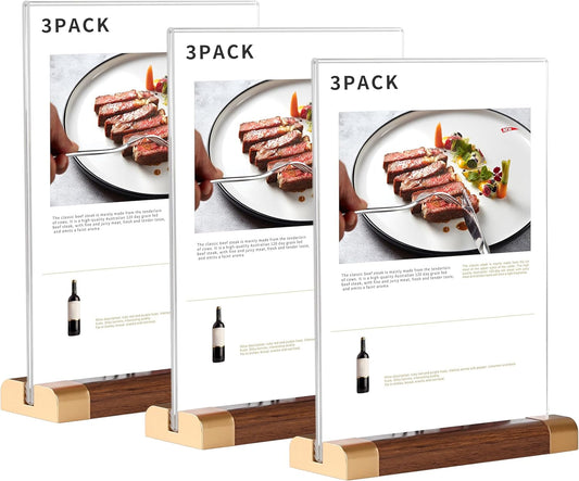 Acrylic Sign Holder 4"x 6" with Wood-Color Base, Mini Tabletop Double-Sided Display Sign Frame Vertical Clear for Store/Coffee Shop/Restaurant Menu Hotel/Office Display Holder, 3 Pack T Shape