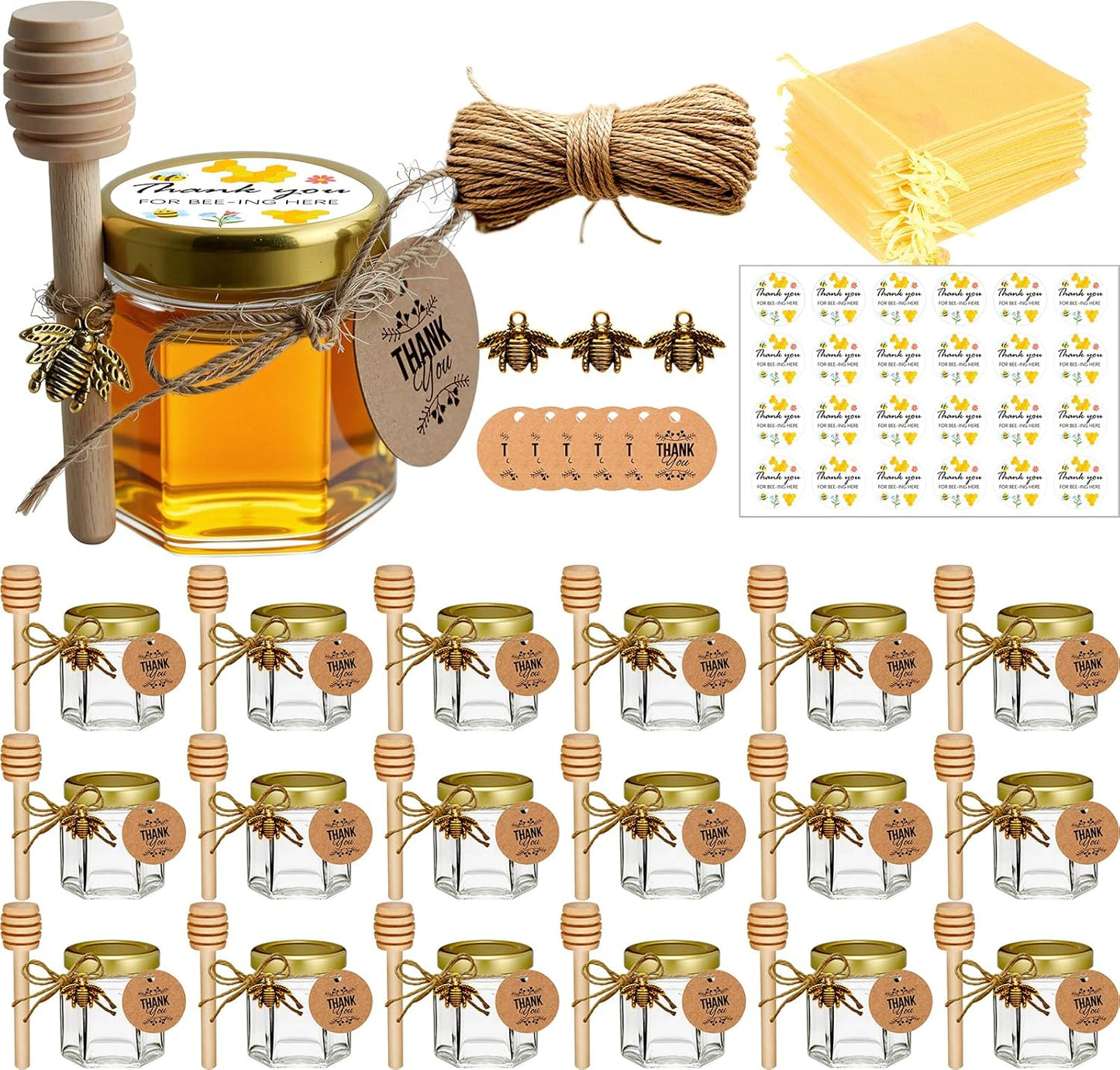 Adabocute 20 Pack Mini Honey Jars with Dipper - Mini Honey Jars for Baby Showers & Wedding Gifts - Gold Lids, Bee Pendants, Jutes and Gift Bags