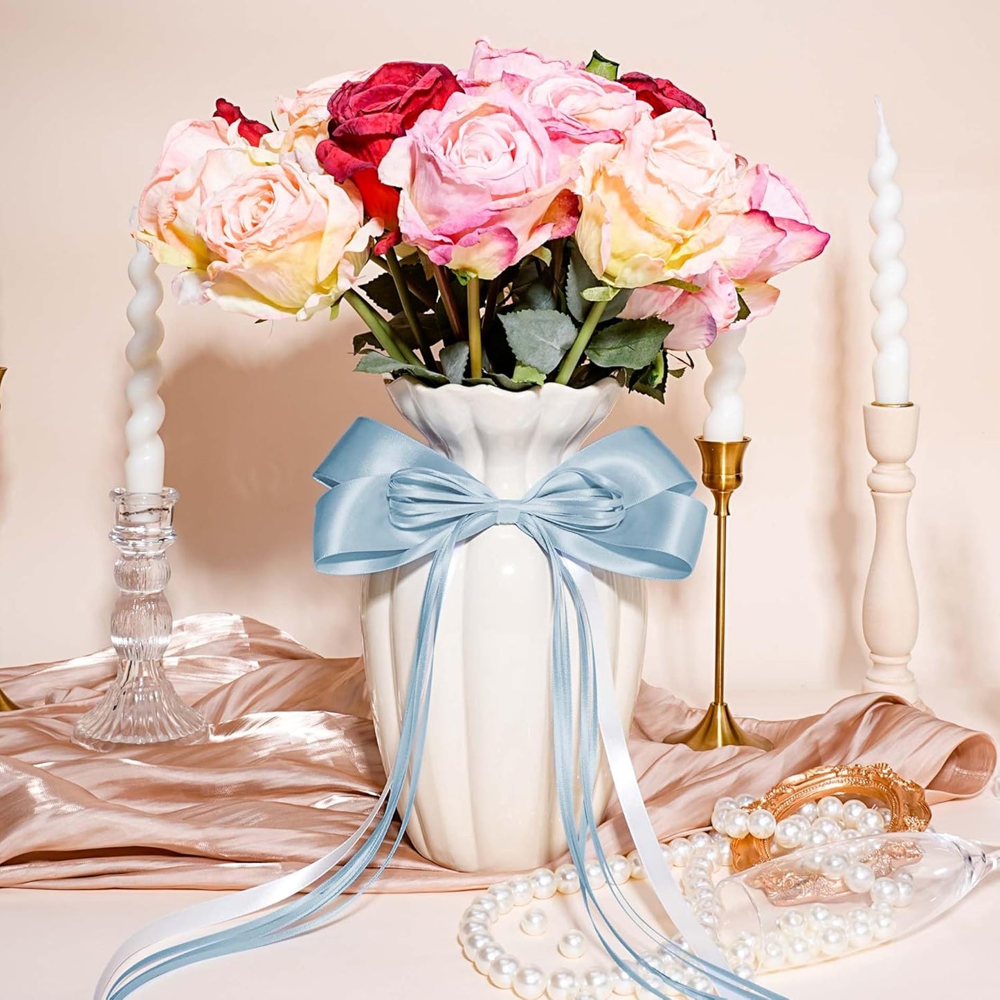 LaRibbons Light Blue Satin Ribbon 1 1/2 Inch 25 Yards Luxury Double Faced Blue Silk Ribbon for Flower Bouquet Crafts Gift Wrapping Wedding Party Babyshower Decoration